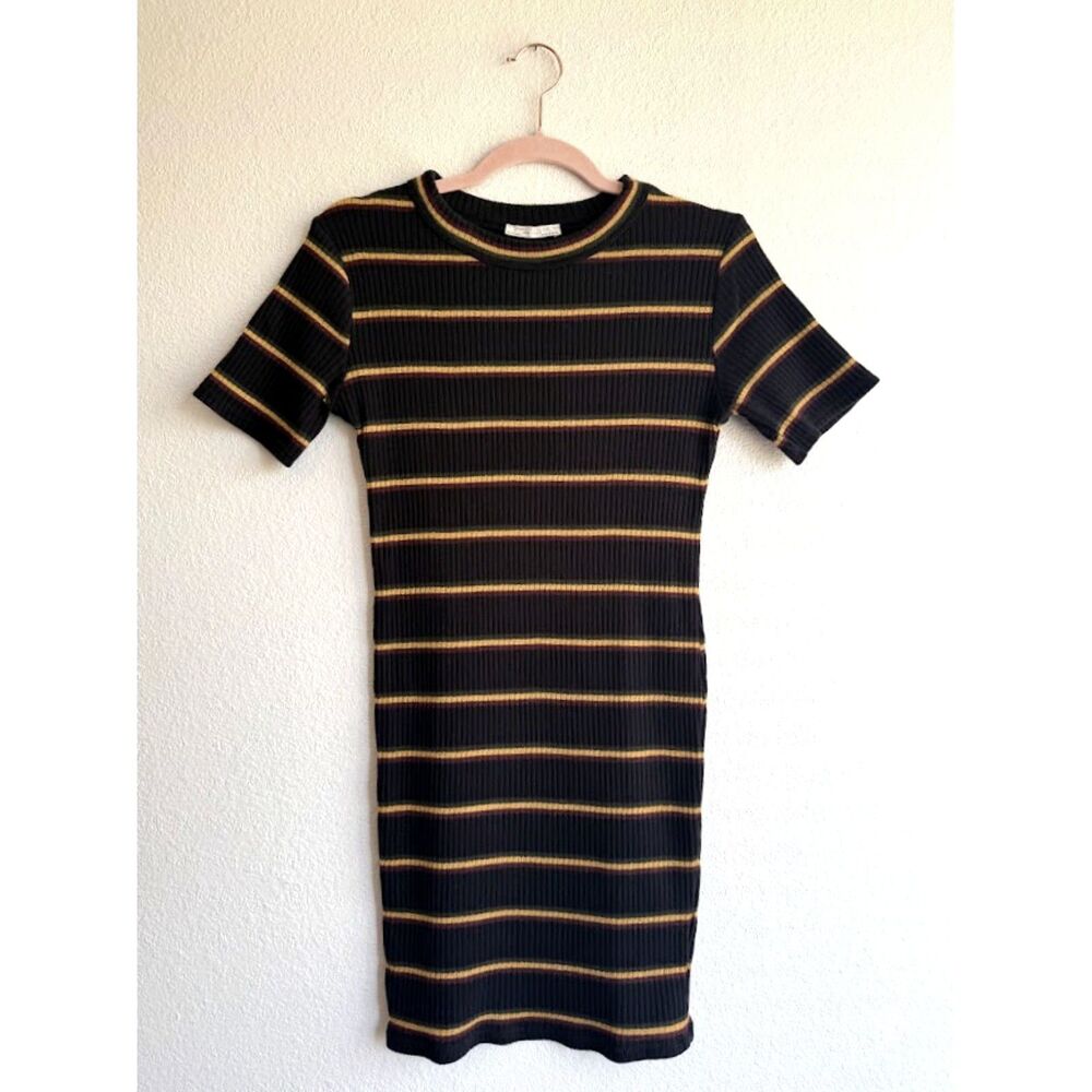 Zara Fitted Ribbed T Shirt Mini Dress in Black Yellow Red & Green Stripe size S